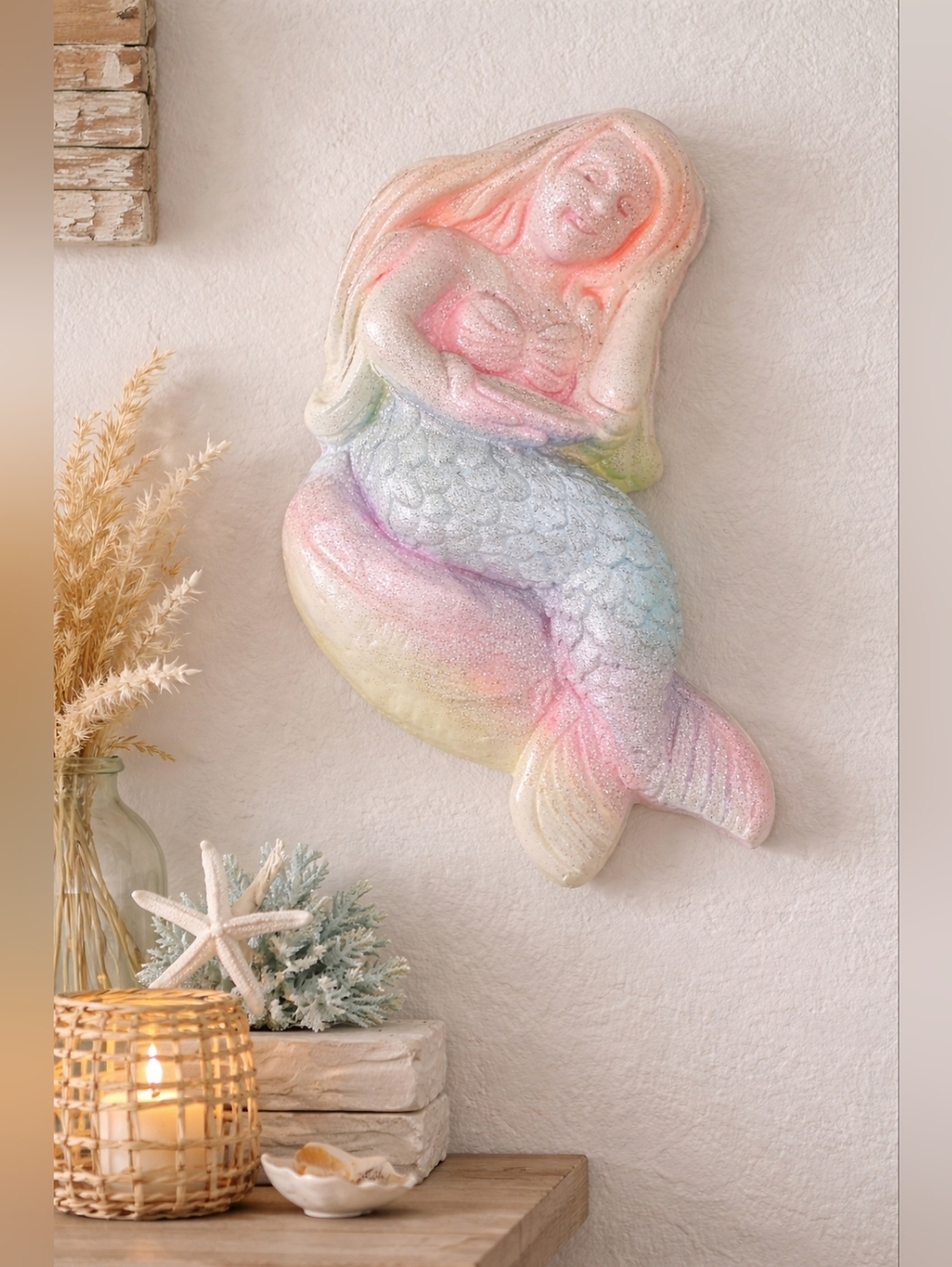 Handmade 3D Mermaid Wall Decor Plaster Look Glitter Pastel Coastal Hanging